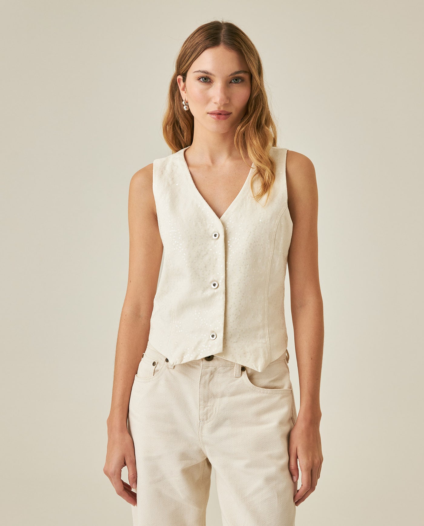 Womens Vest Straight Silhouette Cotton–Tencel Blend Sheer Sequins - Raw 63_711H021_CRU114302_0