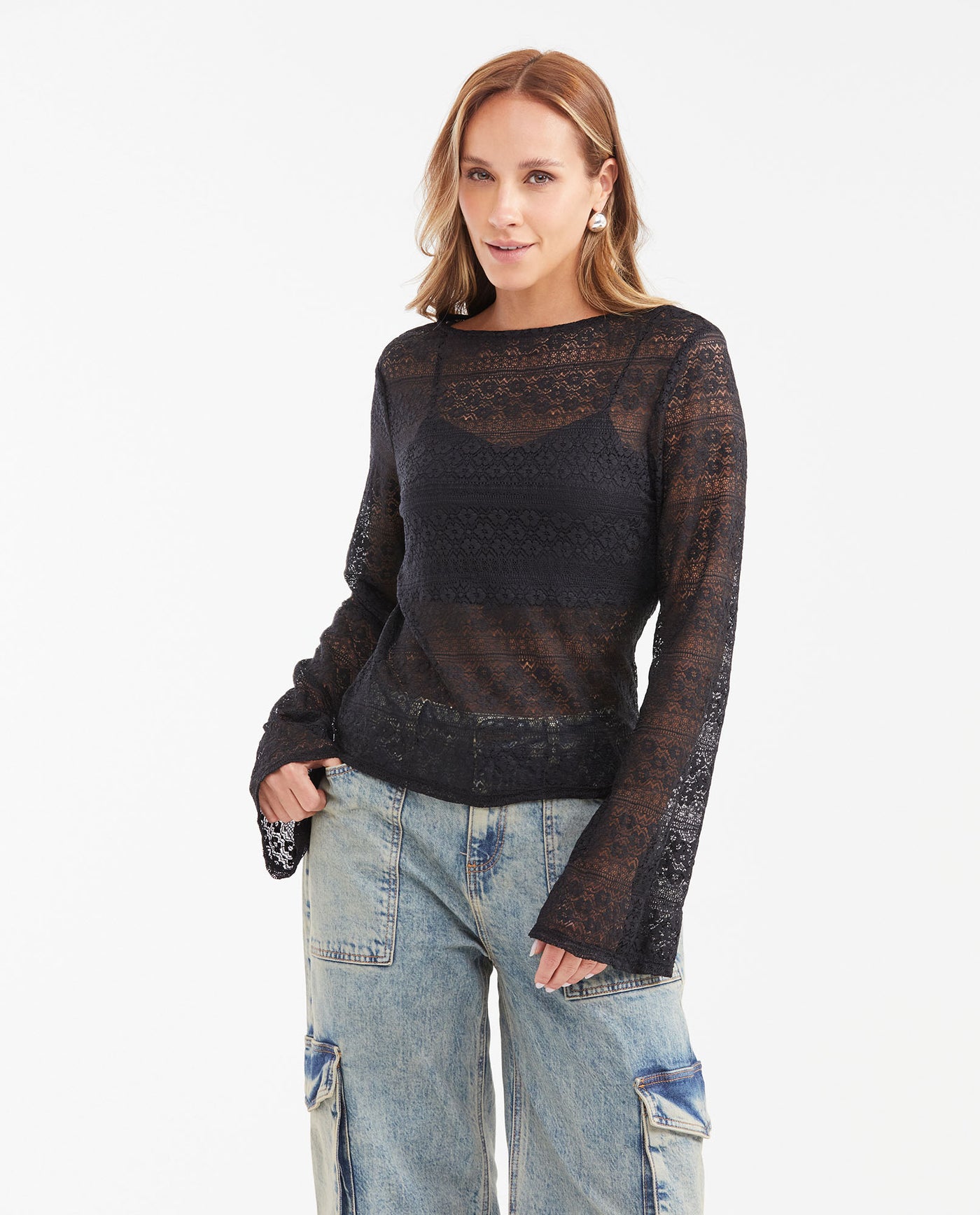 Women's Fitted High Neck Lace Shirt with Internal Top in Nylon-Elastane - 1