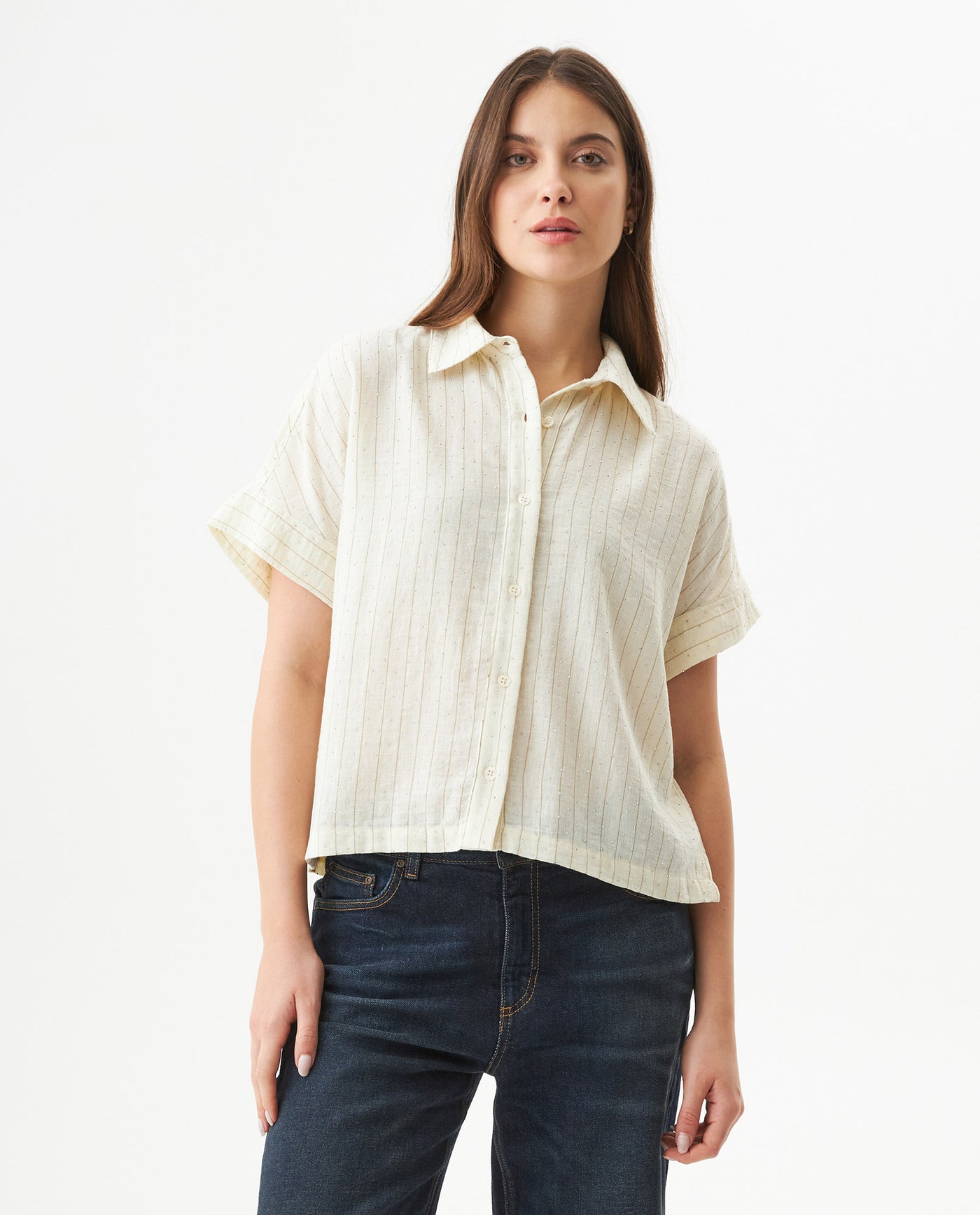 Women's Stone Accent Striped Short Sleeve Shirt in Polyester, Plaza - 2
