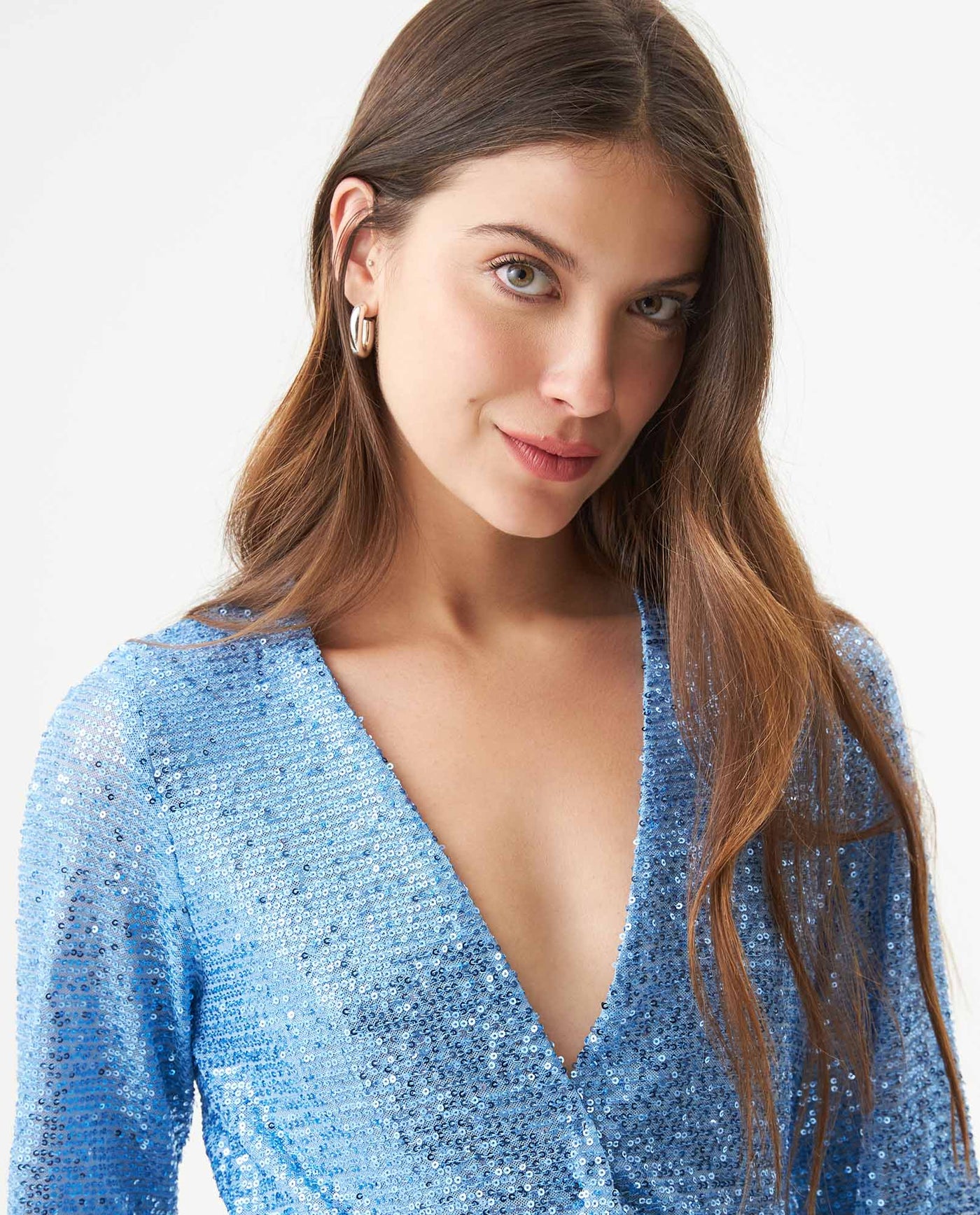 Women's Sequined Wide V-Neck Blouse in Polyester Stretch Blend, Festive - 4