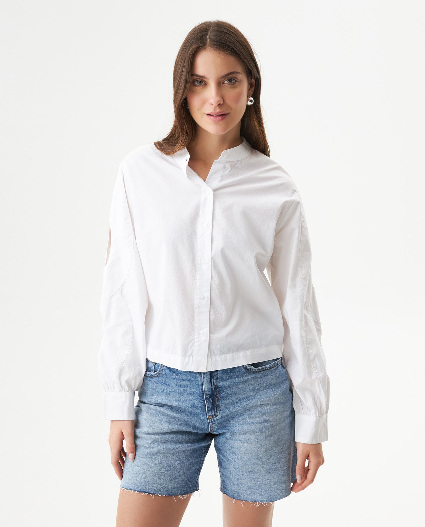 Women's Mandarin Collar Cropped Straight Shirt in Cotton, Coastline - 2