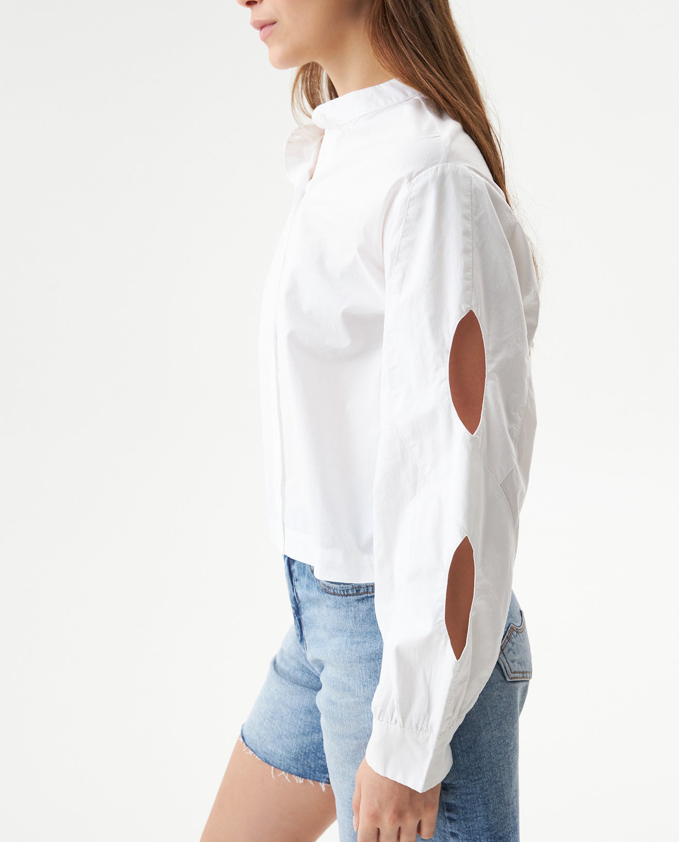 Women's Mandarin Collar Cropped Straight Shirt in Cotton, Coastline - 4