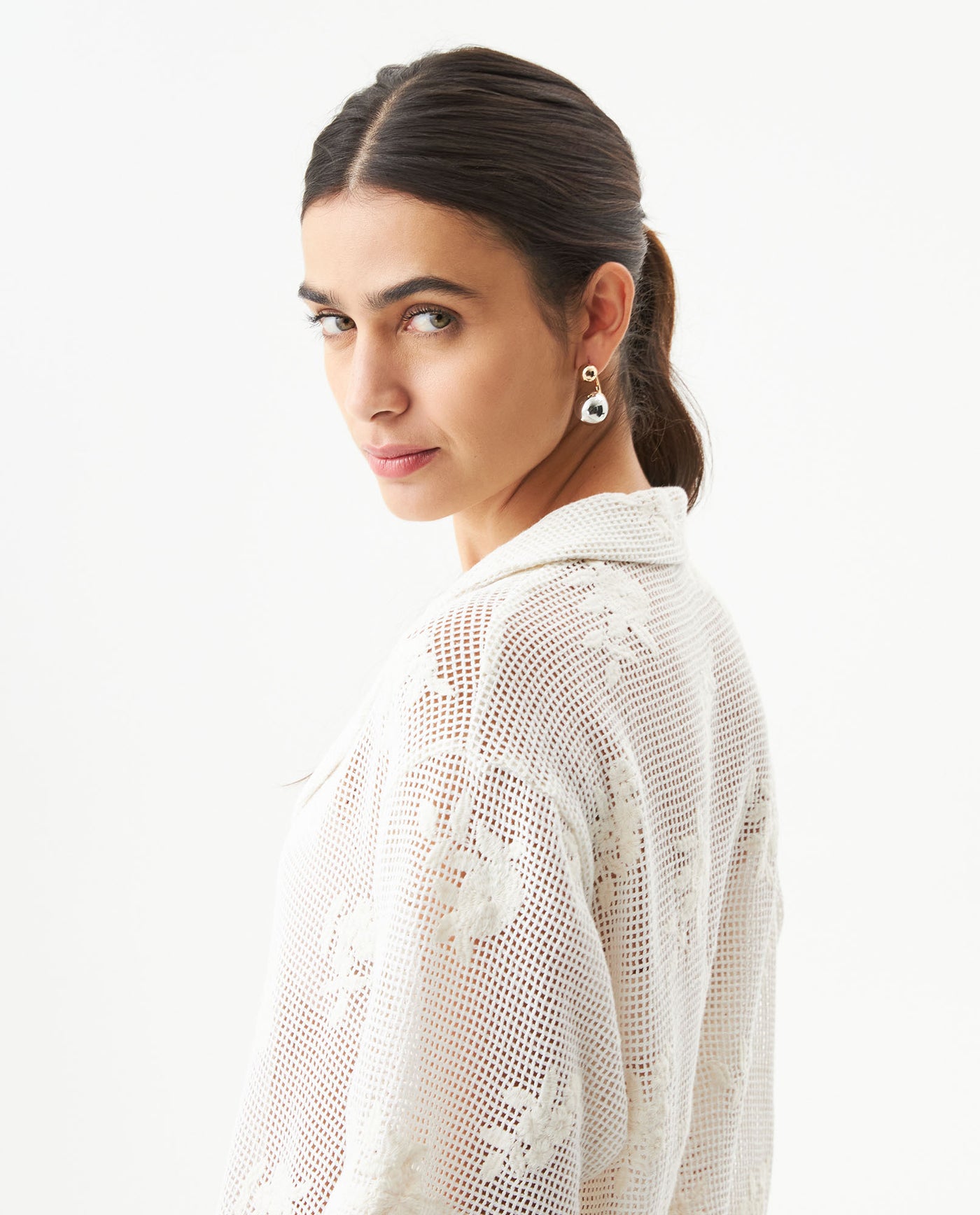 Women's Crochet Straight Fit Shirt in Cotton, Heritage - 6