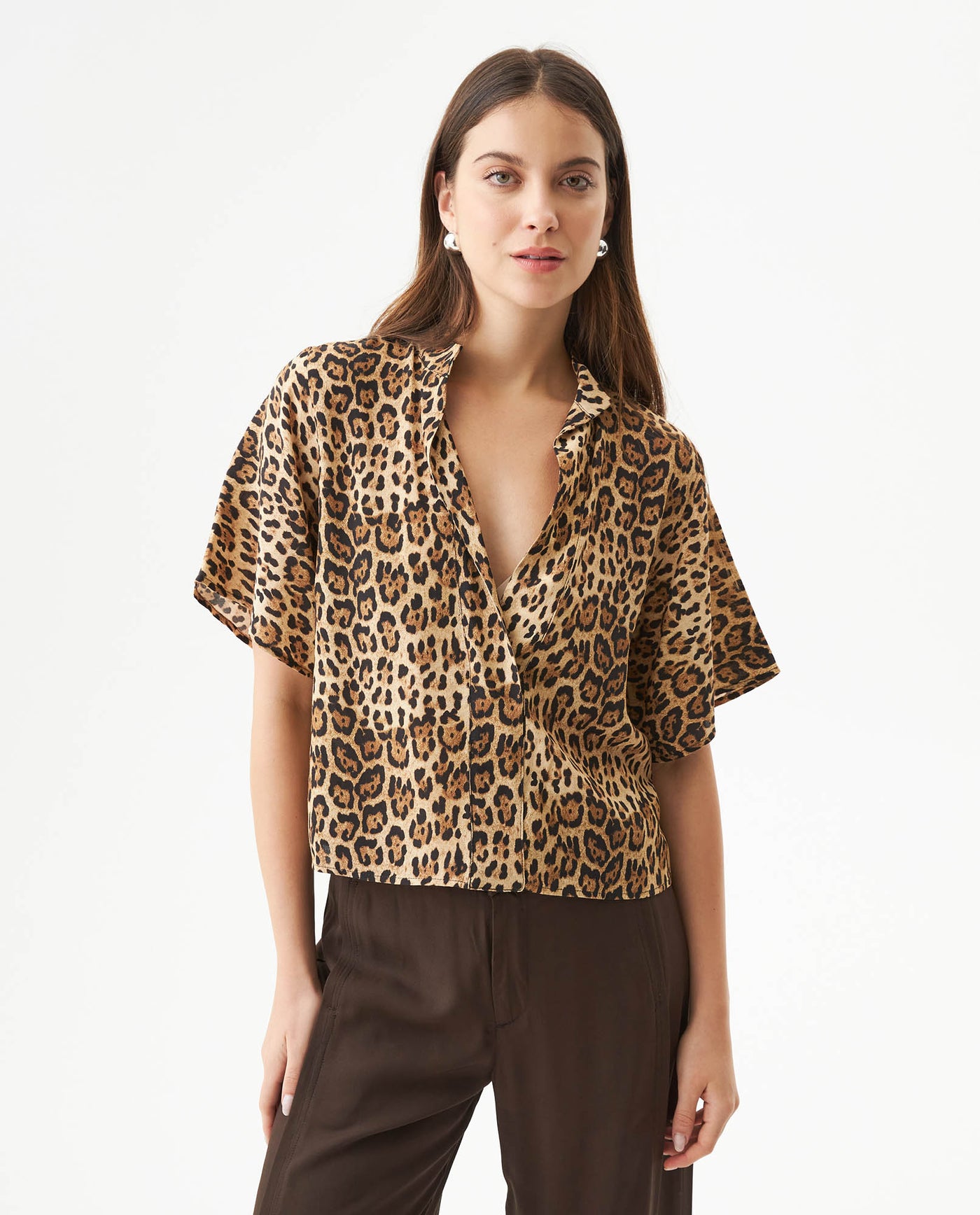Women's Animal Print Flutter Sleeve Straight Fit Blouse in Viscose Mariner 63_719G020_BEI151216_0