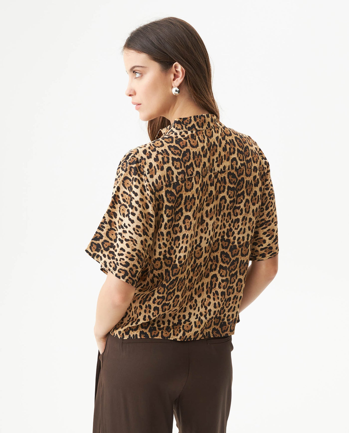 Women's Animal Print Flutter Sleeve Straight Fit Blouse in Viscose Mariner 63_719G020_BEI151216_6