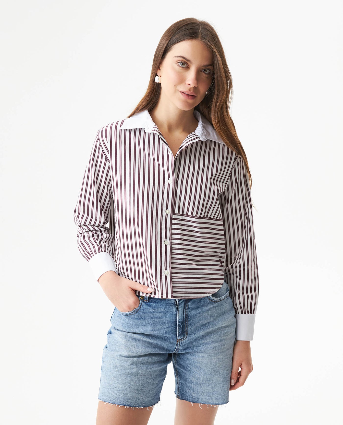 Women's Stripe Detail Cropped Straight Fit Shirt in Cotton Stretch Blend, Dockside - 2