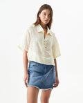 Women's Cut Detail Wide Short Sleeve Shirt in Rayon-Nylon Blend Maritime