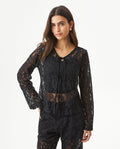 Women's Tie-Front Lace Blouse in Cotton-Polyamide Blend Twilight