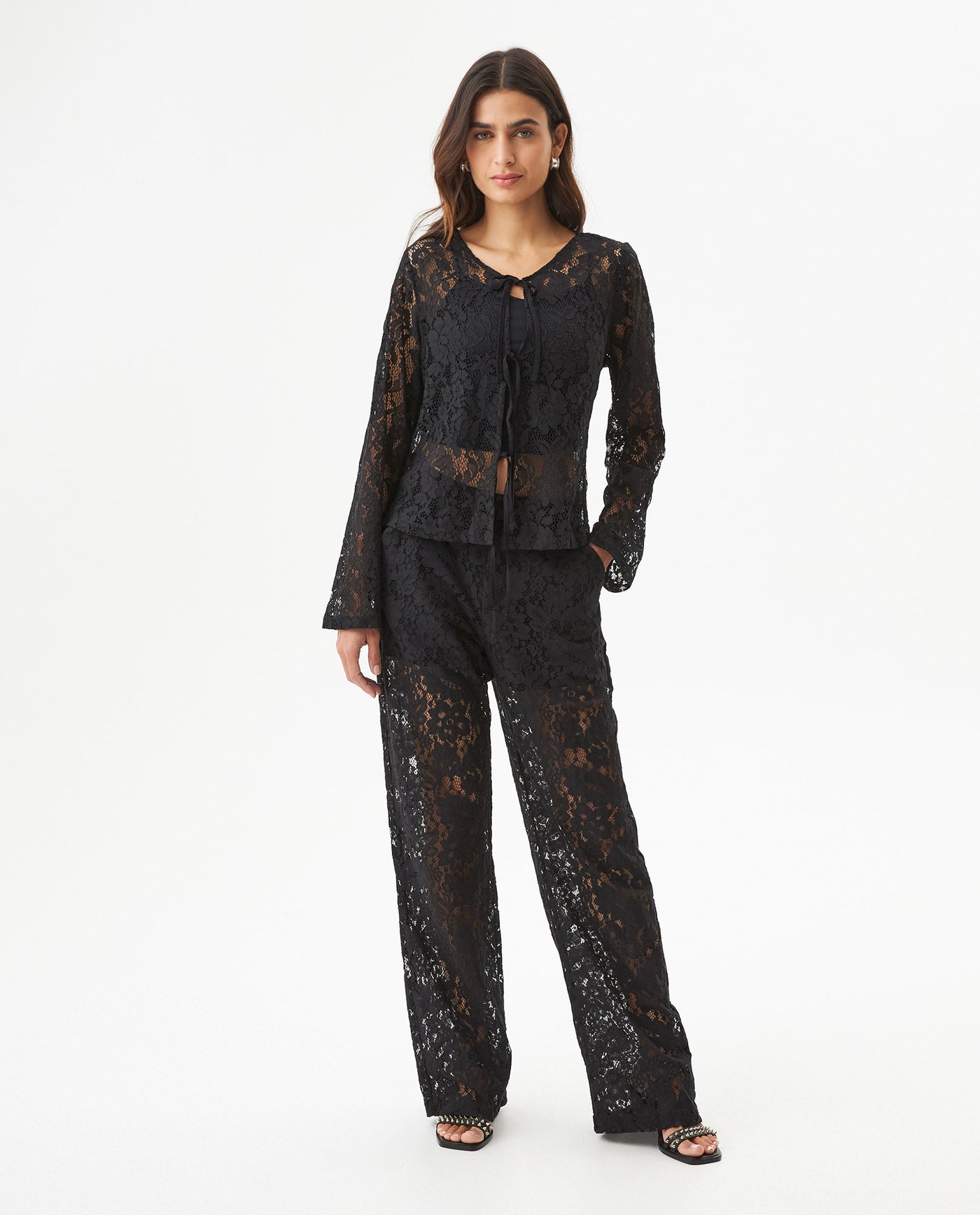 Women's Tie-Front Lace Blouse in Cotton-Polyamide Blend Twilight 63_719G026_NEG194007_4