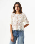 Women's Boxy Cropped Sheer Short Sleeve Blouse in Cotton-Polyamide Blend Horizon