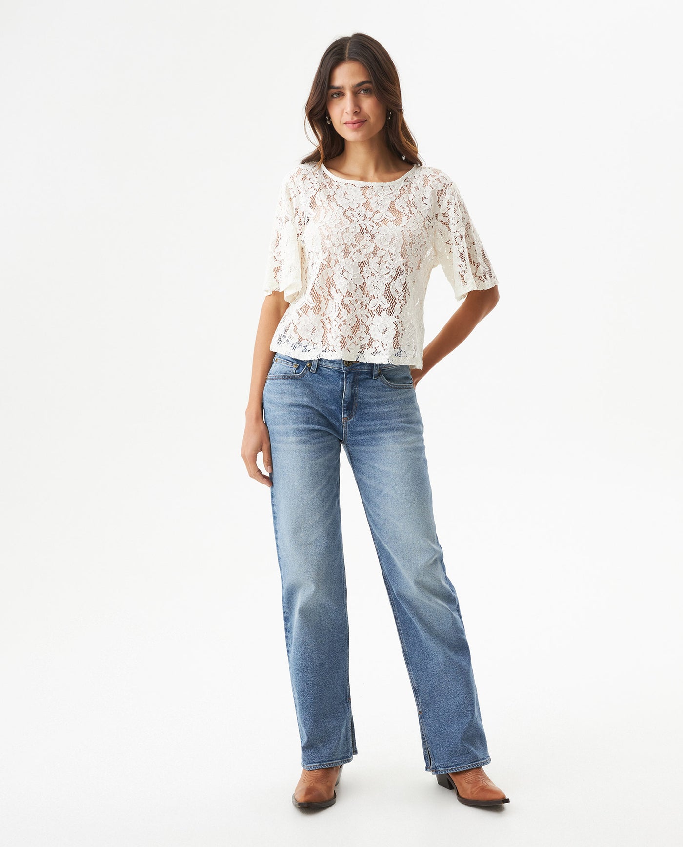 Women's Boxy Cropped Sheer Short Sleeve Blouse in Cotton-Polyamide Blend, Horizon - 3