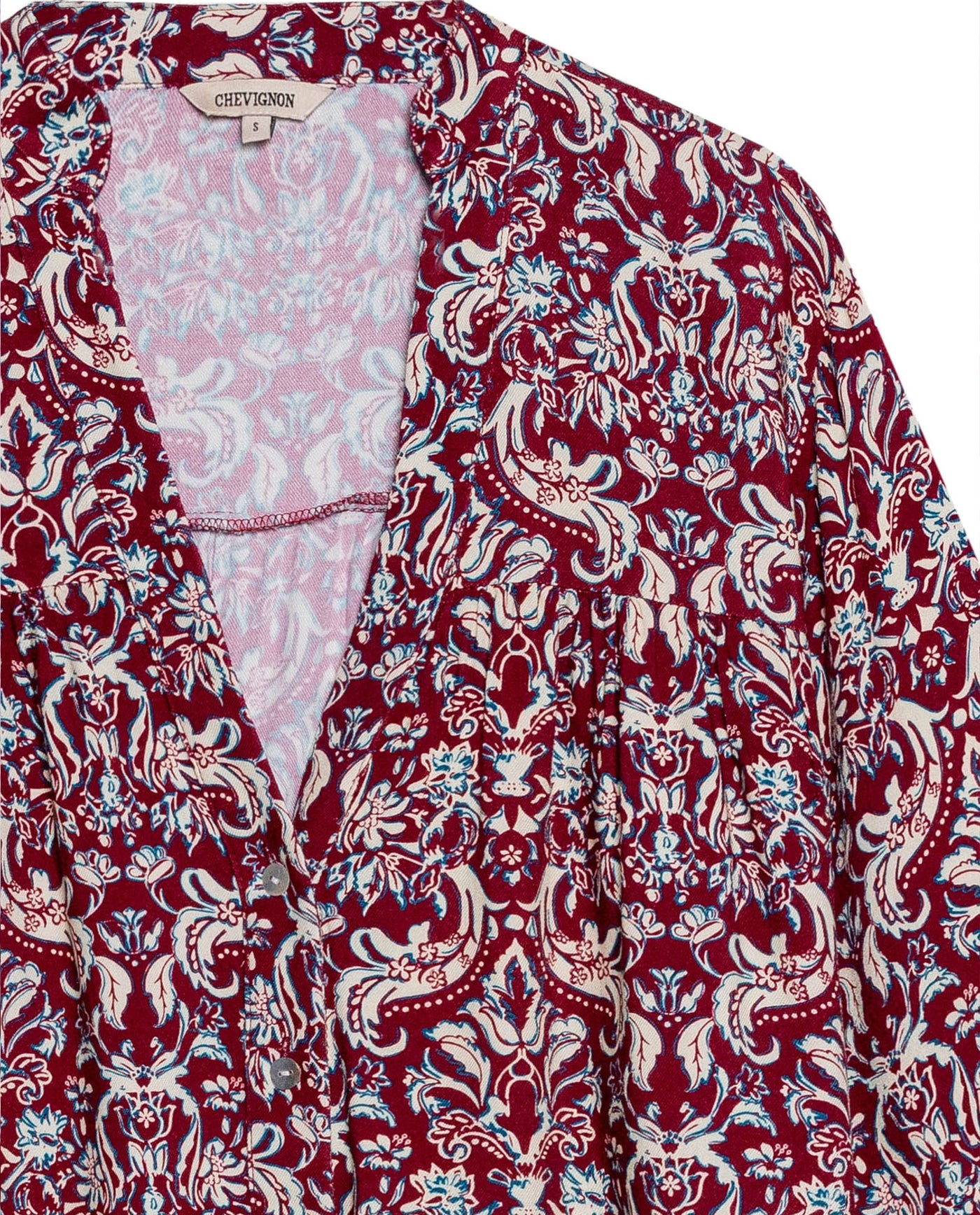 Women's Bohemian Print Wide Mandarin Collar Shirt in Viscose, Harbor - 7
