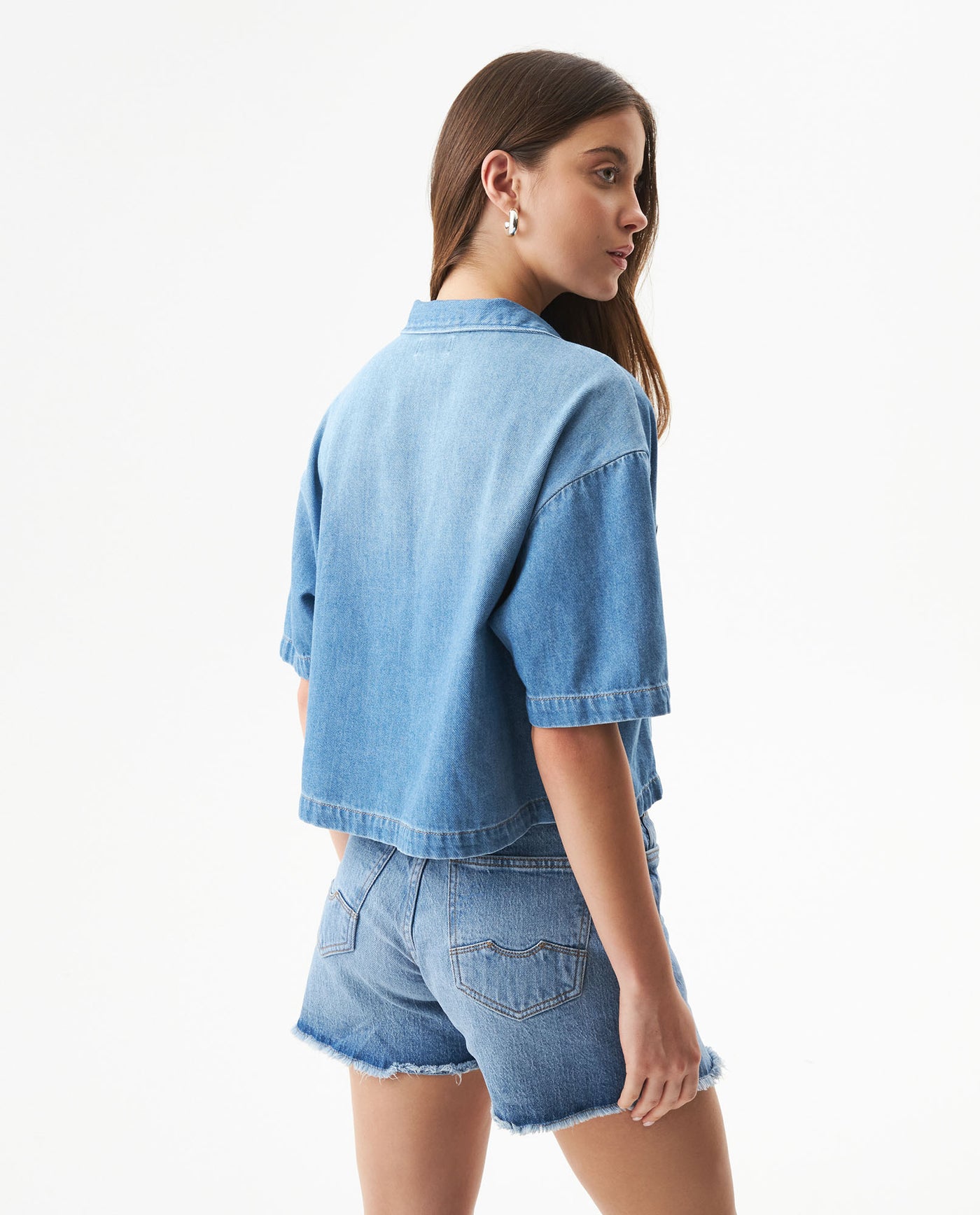 Women's Light Wash Denim Wide Shirt in Cotton, Archor - 5