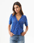 Women's Embroidered V-Neck Short Sleeve Blouse in Polyester Stretch Stardust