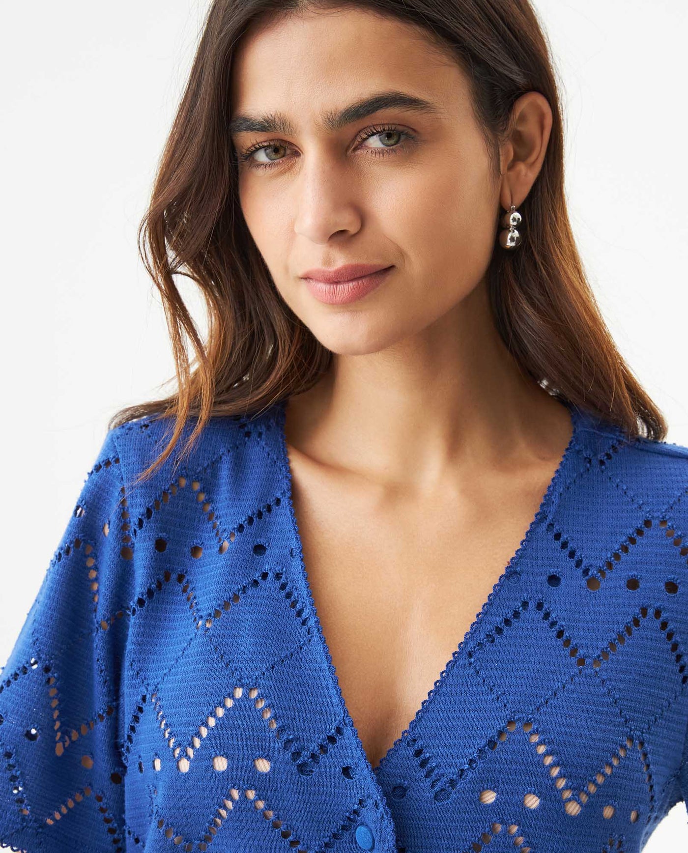 Women's Embroidered V-Neck Short Sleeve Blouse in Polyester Stretch Stardust 63_719G036_AZU193964_5