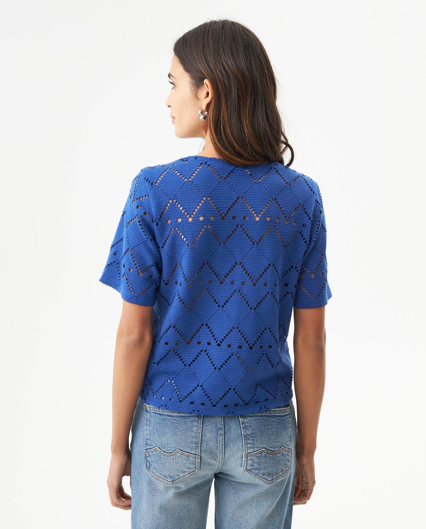 Women's Embroidered V-Neck Short Sleeve Blouse in Polyester Stretch Stardust 63_719G036_AZU193964_6