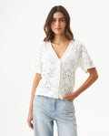 Women's Embroidered V-Neck Short Sleeve Blouse in Polyester Stretch Stardust