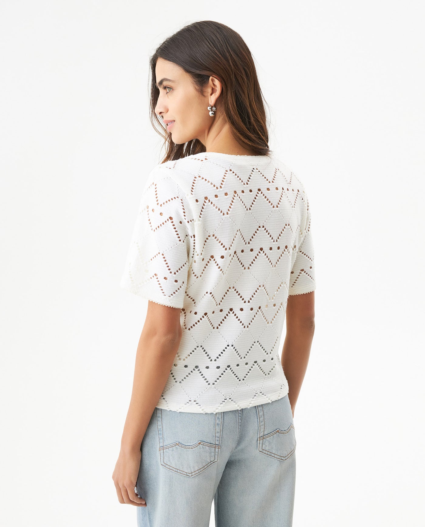 Women's Embroidered V-Neck Short Sleeve Blouse in Polyester Stretch Stardust 63_719G036_CRU114302_6