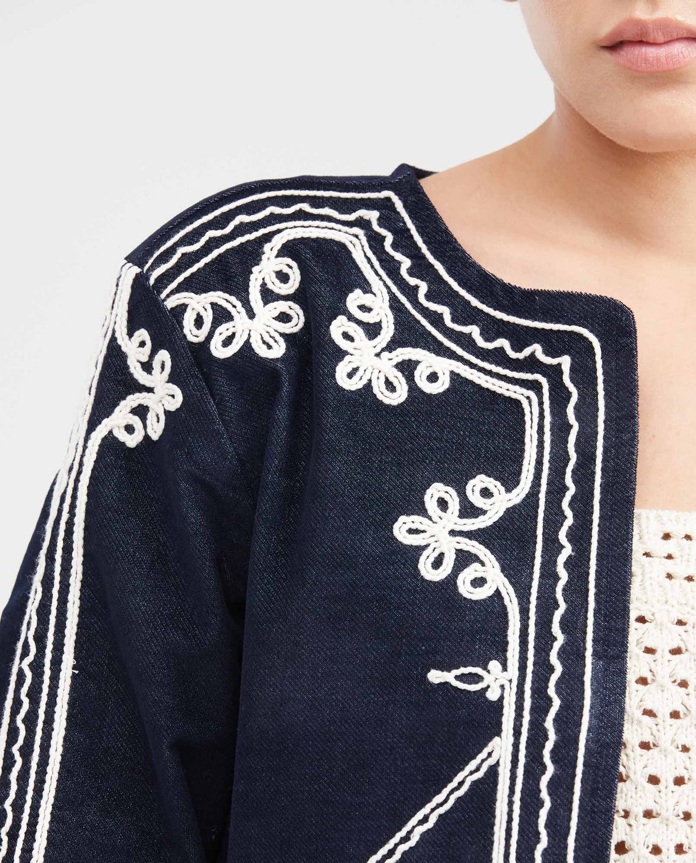 Women's Collarless Cropped Bomber Jacket with Cord Embroidery in Cotton-Polyester - 3