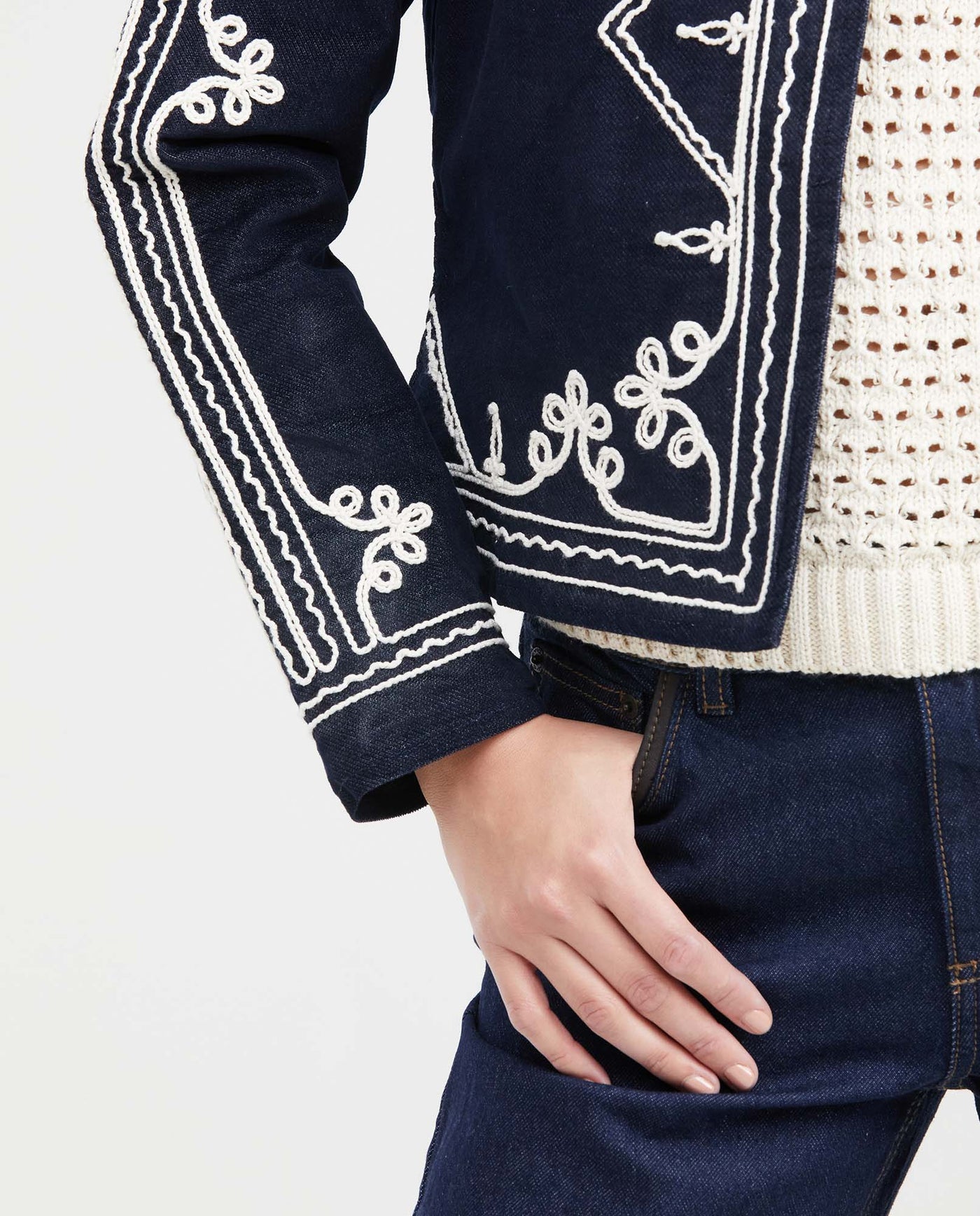 Women's Collarless Cropped Bomber Jacket with Cord Embroidery in Cotton-Polyester - 4