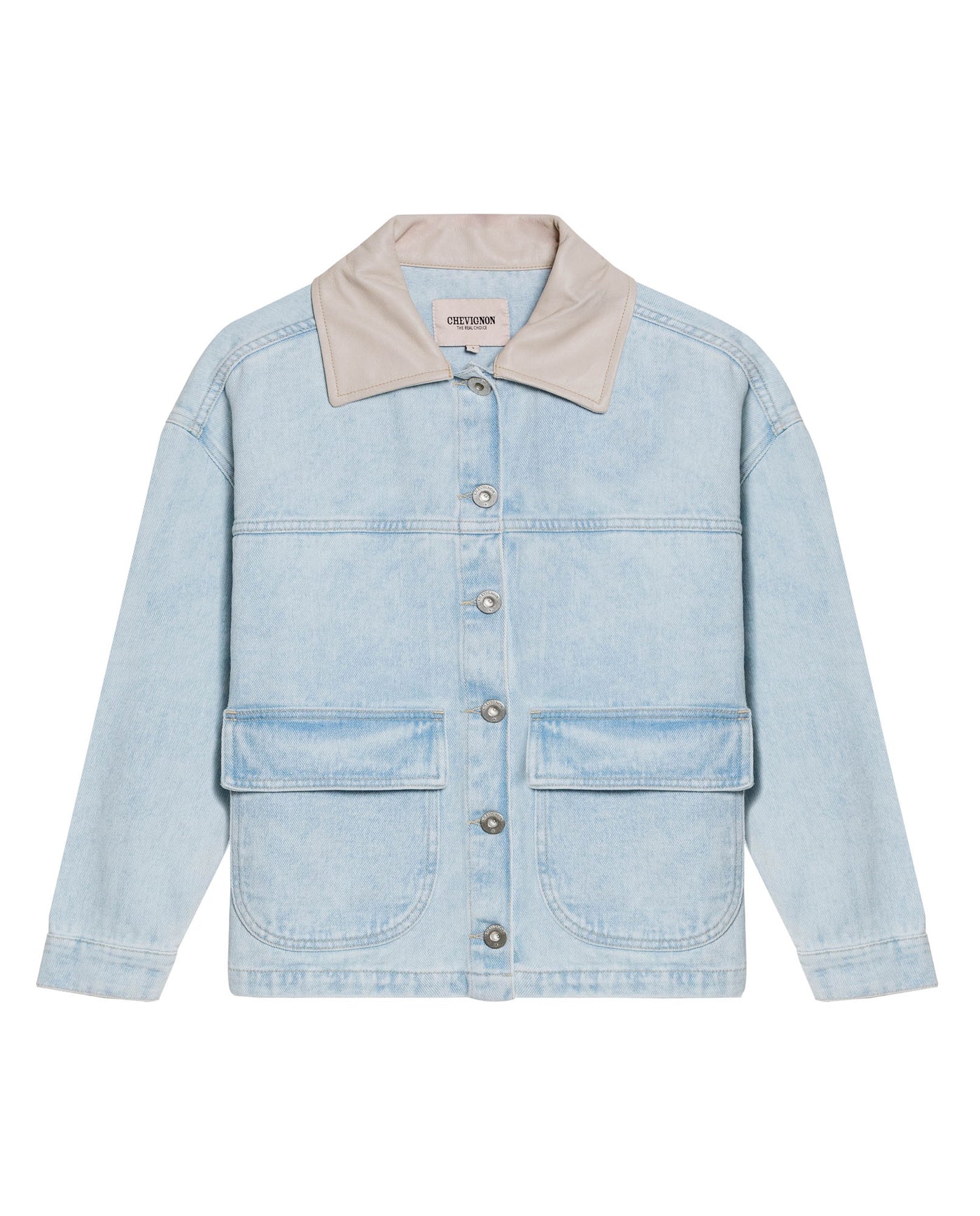 Womens Jacket Trucker Cotton Denim Light Wash Leather Collar - Blue 63_721H002_AZU193923_3