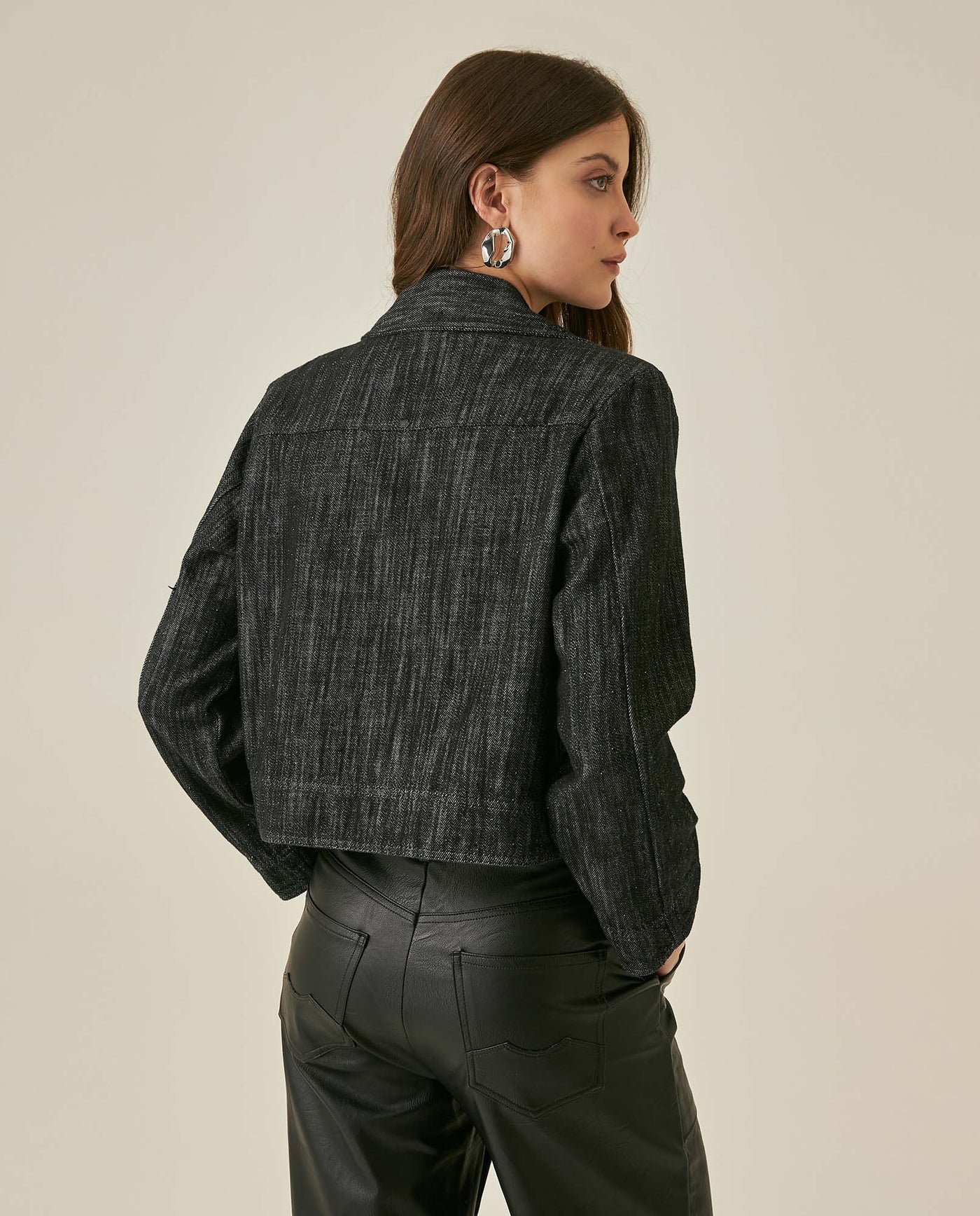 Womens Jacket Blazer Crop Style Cotton Denim Lightweight - Black 63_721H007_NEG194004_6