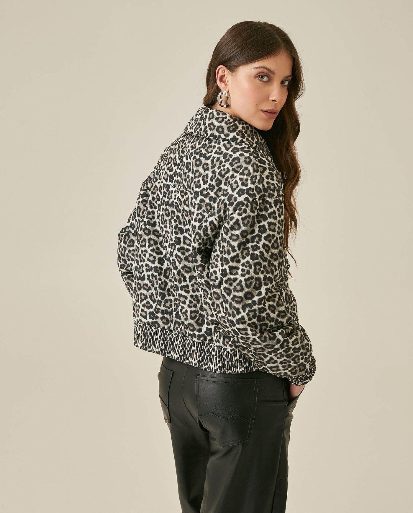 Womens Jacket Bomber Animal Print Polyester Quilted Shirt Collar - Brown 63_721H008_CAF181314_6