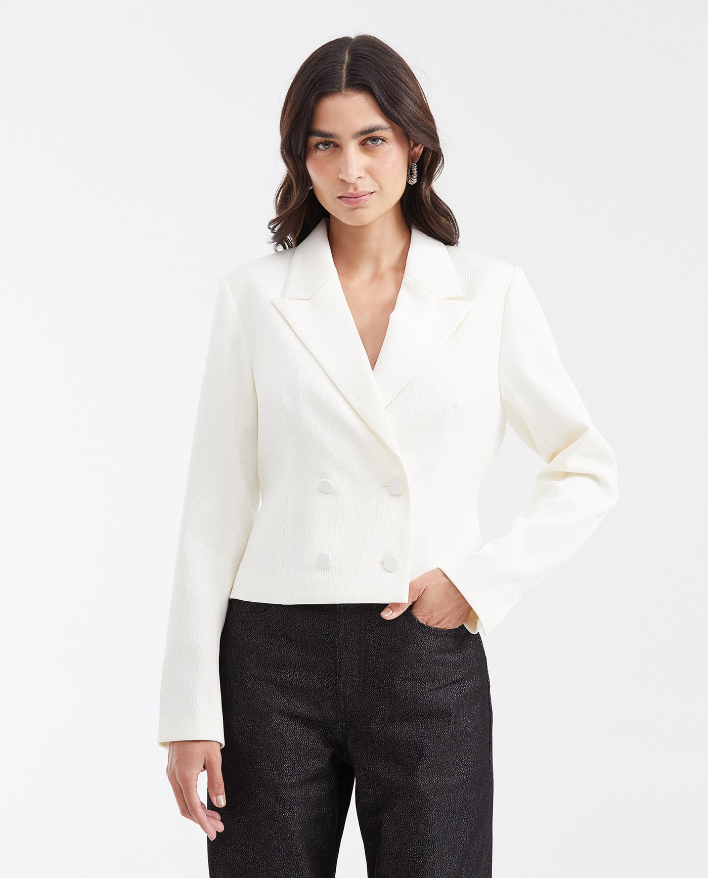 Women's Semi-Fitted Cropped Blazer with Corrugated Texture in Polyester-Elastane - 1