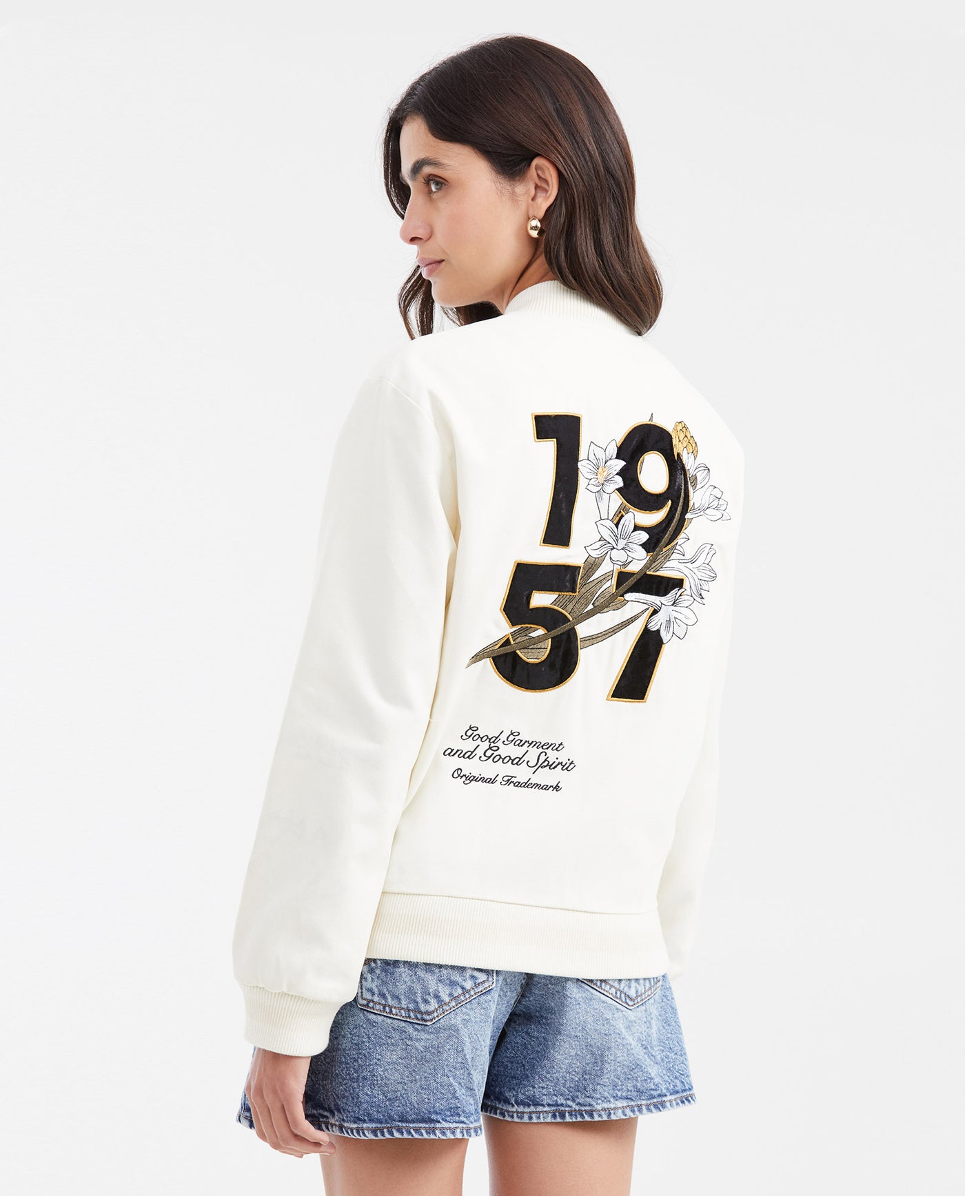 Women's Varsity Bomber Jacket with Velveteen Floral Appliqués in Cotton - 5