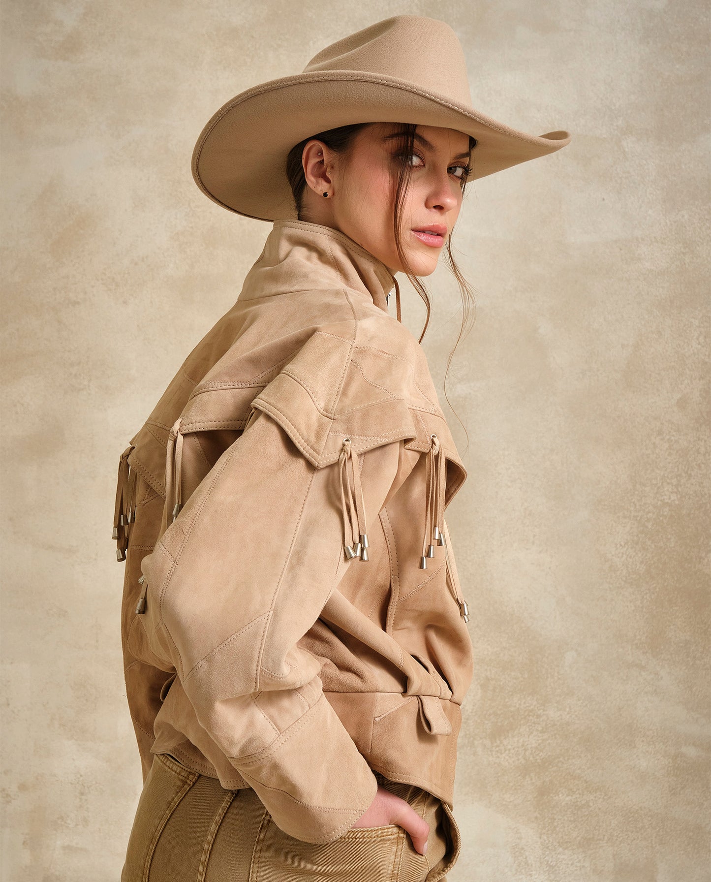 Women's Leather Bomber Jacket - Beige 63_724G505_BEI141118_5