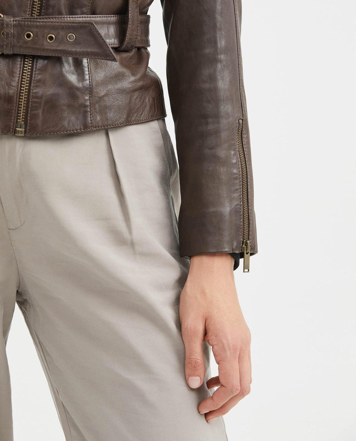Women's Biker Lambskin Jacket Belt Waist Zipper Details - 4