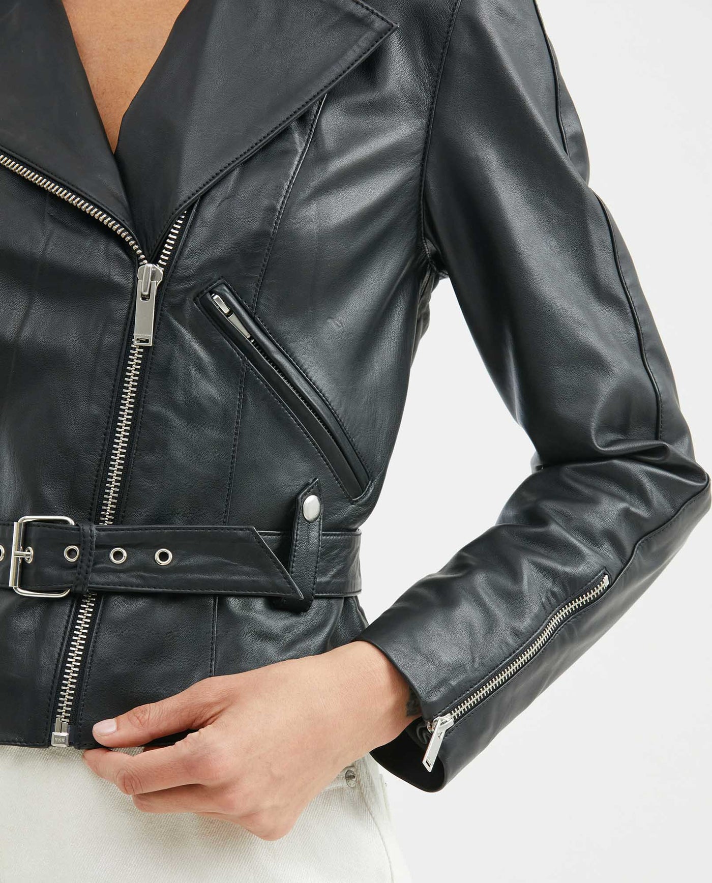 Women's Biker Lambskin Jacket Belt Waist Zipper Details - 3