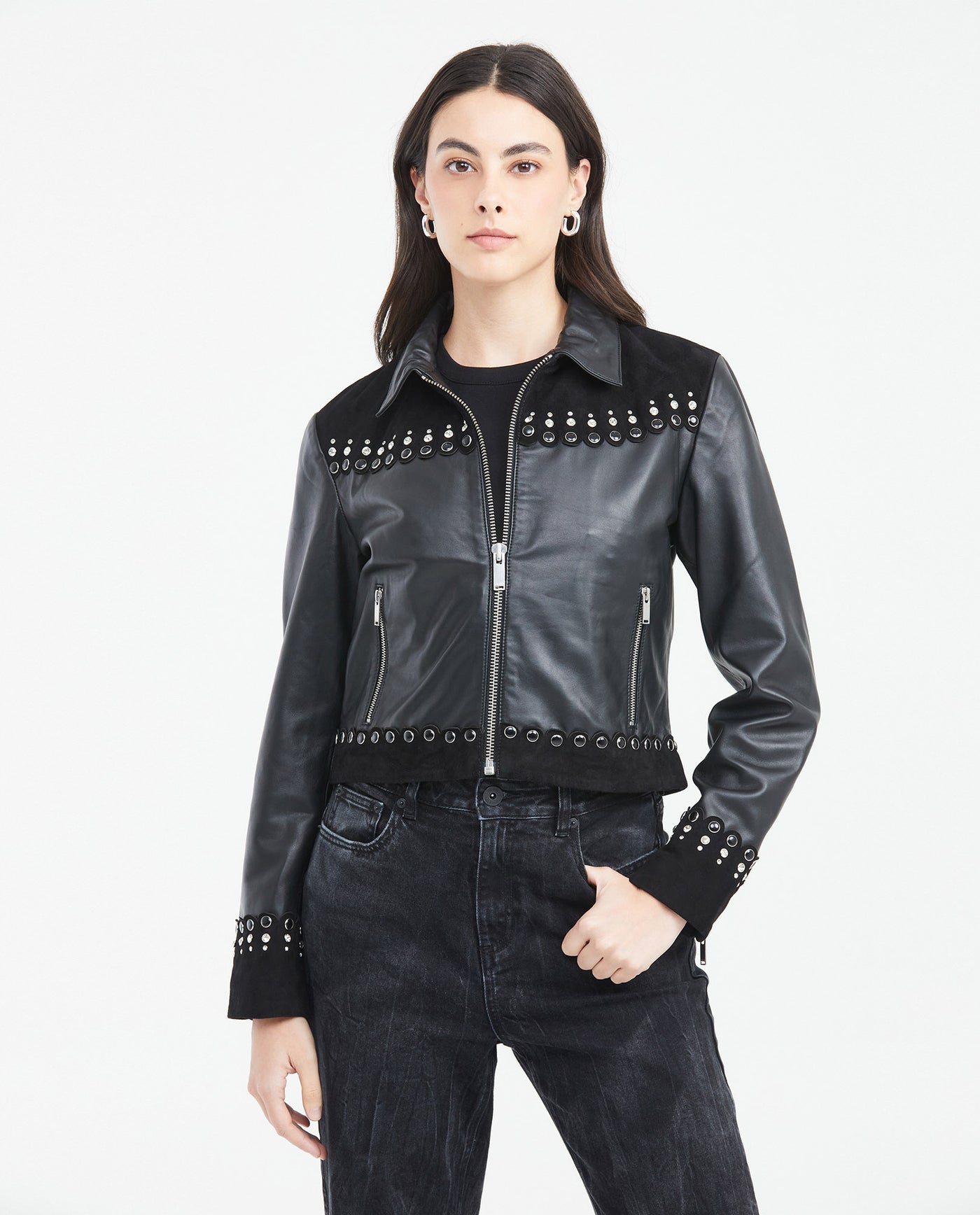 Women's Crop Lambskin Jacket Branded Zipper Studded Berry Trim Suede Cuffs - 1