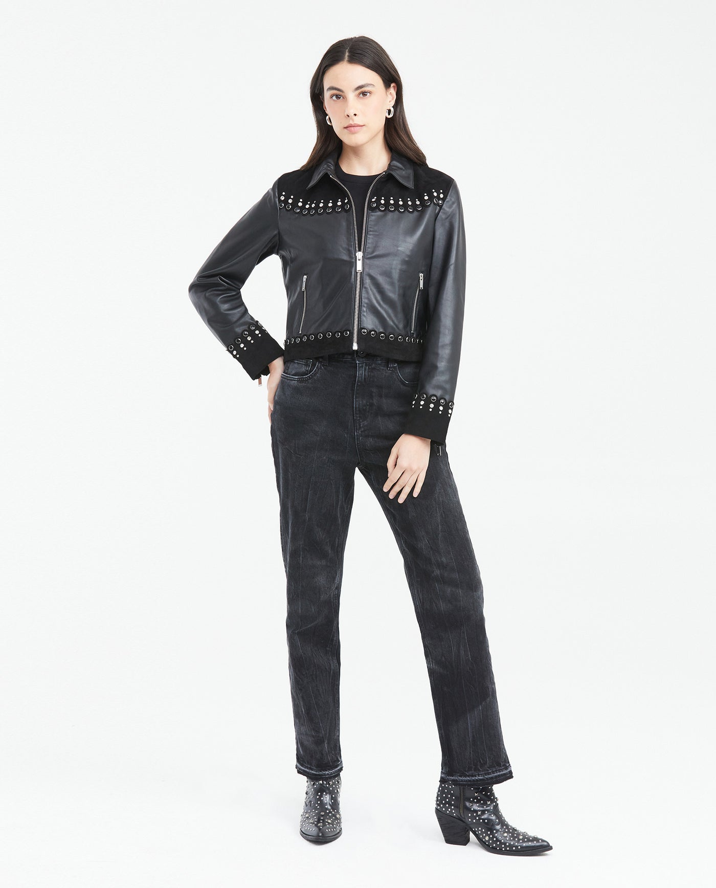 Women's Crop Lambskin Jacket Branded Zipper Studded Berry Trim Suede Cuffs - 2