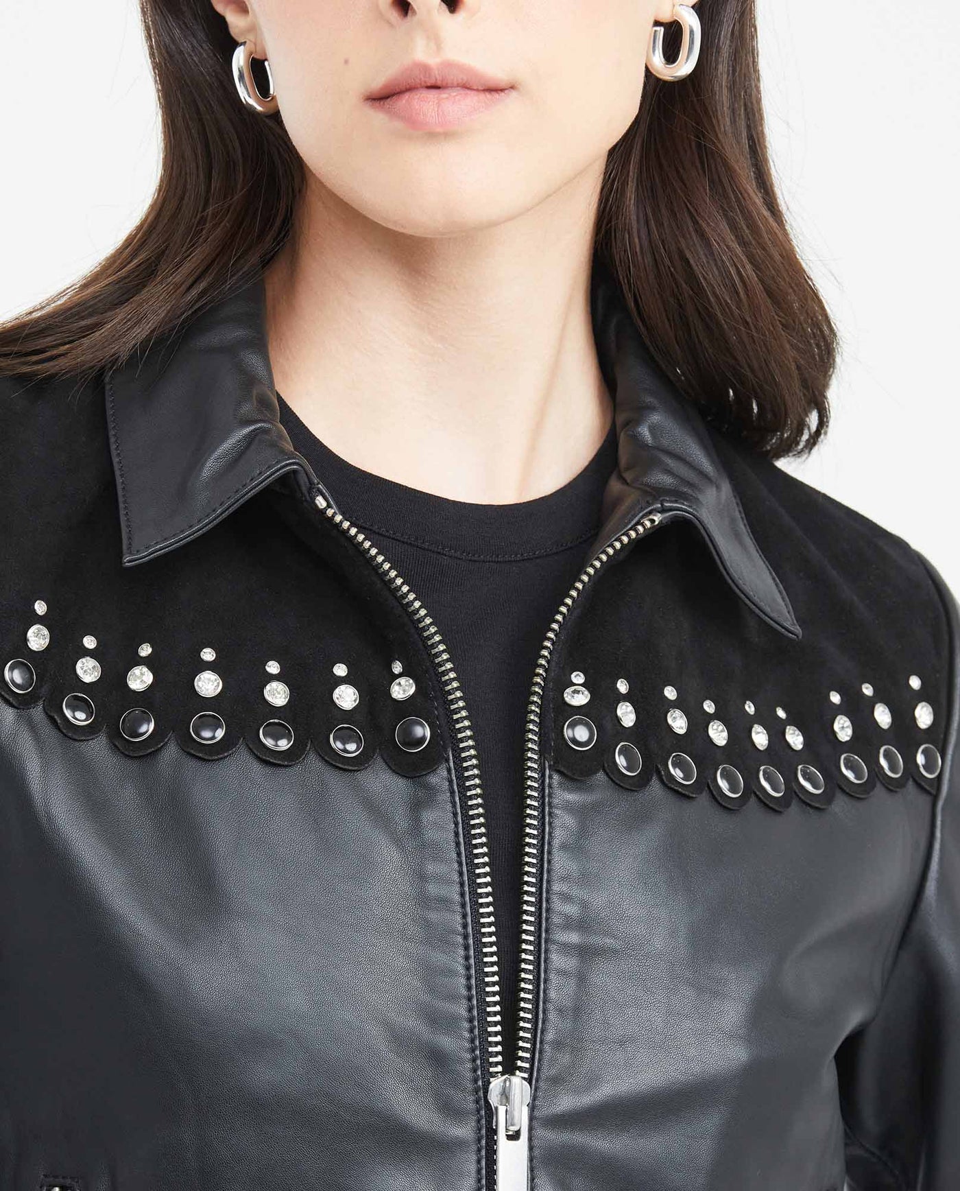 Women's Crop Lambskin Jacket Branded Zipper Studded Berry Trim Suede Cuffs - 3