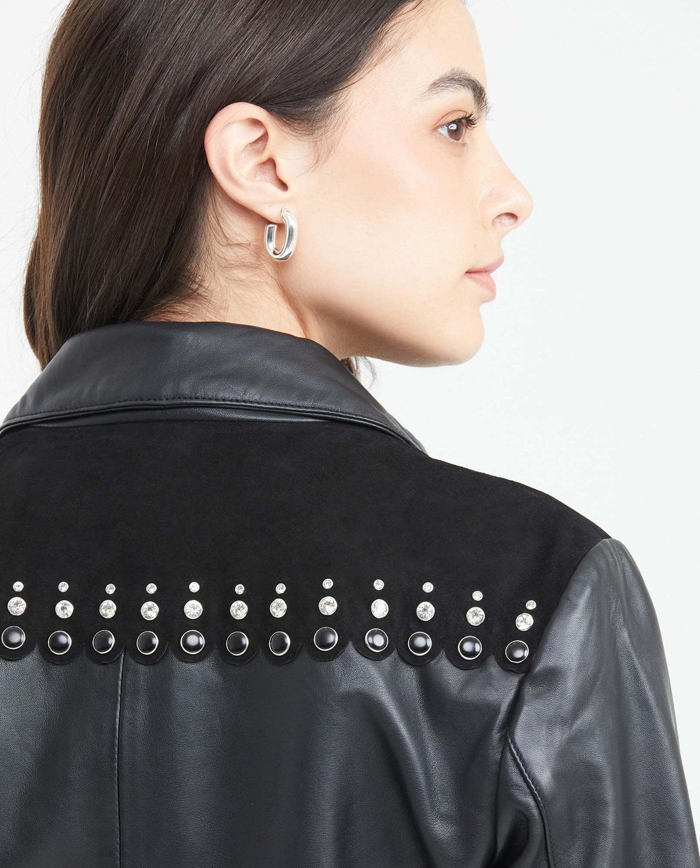 Women's Crop Lambskin Jacket Branded Zipper Studded Berry Trim Suede Cuffs - 6