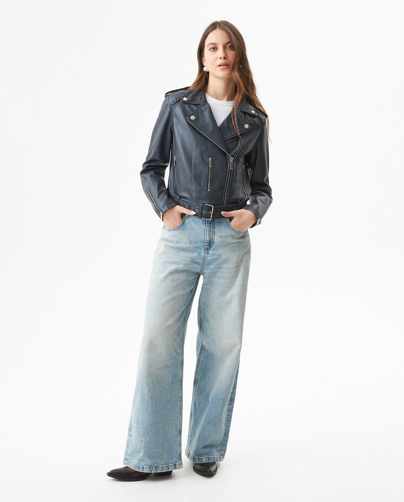 Women's Lambskin Biker Jacket Belted Braided Detail - 3