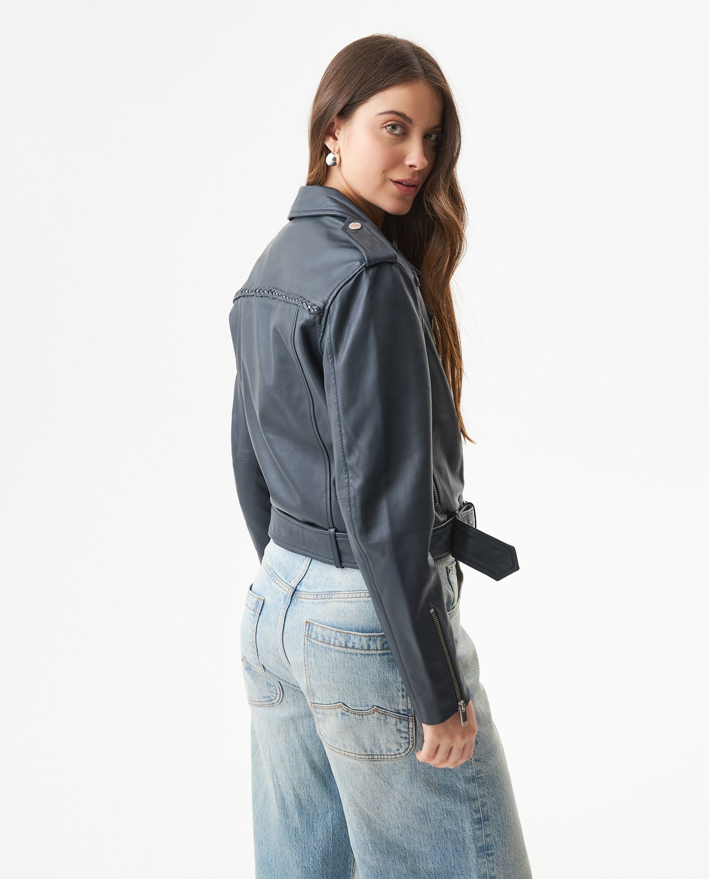 Women's Lambskin Biker Jacket Belted Braided Detail - 5