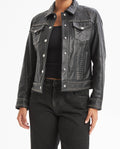 Women's Studded Leather Trucker Jacket - Black
