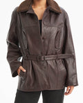 Women's Leather Jacket with Belt - Brown
