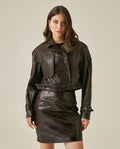 Women's Cropped Leather Trench Jacket - Brown
