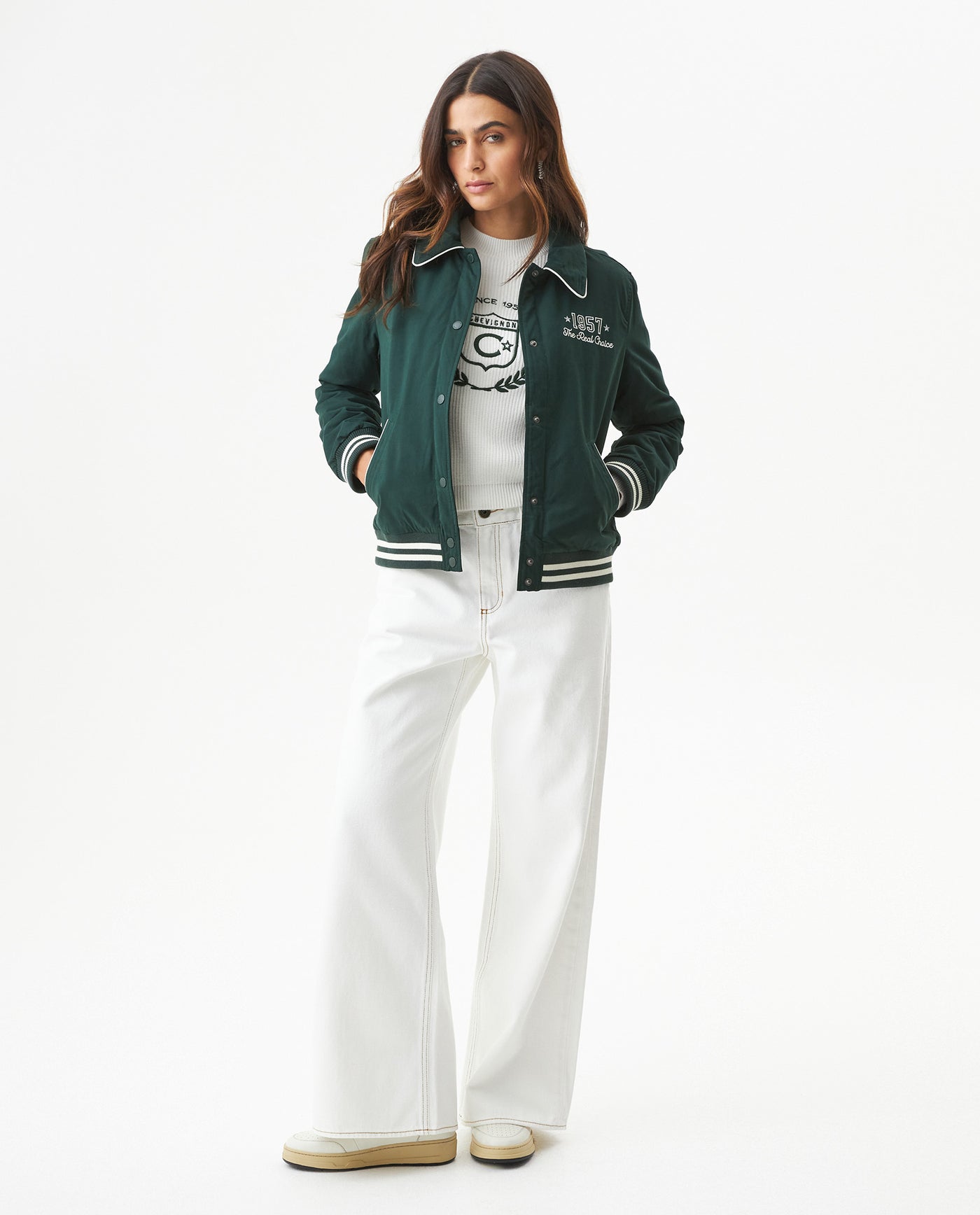 Women's Chenille Embroidered Varsity Bomber in Polyester-Cotton Blend, Ceremony 729G004 - 3