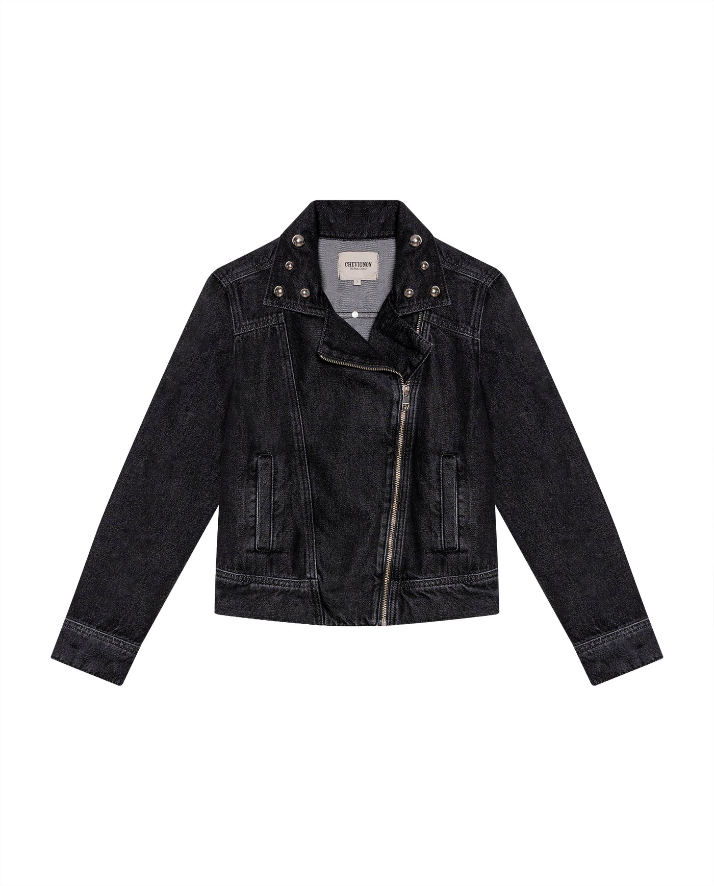 Women's Studded Black Denim Biker Jacket in Lyocell-Cotton Blend, Ballroom 729G007 - 2
