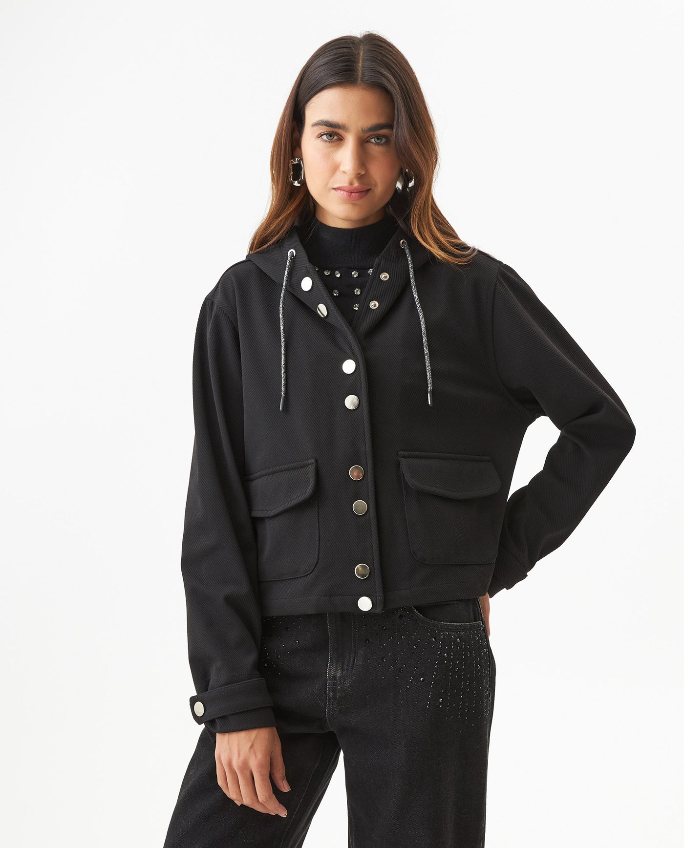 Women's Hooded Straight Jacket in Polyester Blend, Festive 729G008 - 1