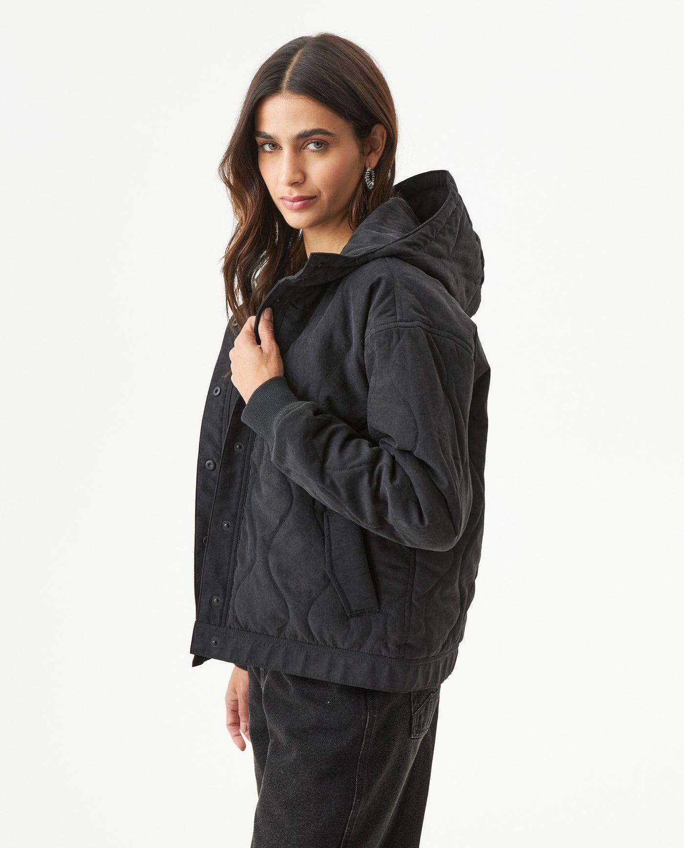 Women's Vertical Wave Quilted Hooded Jacket in Polyester Blend, Heritage - 2