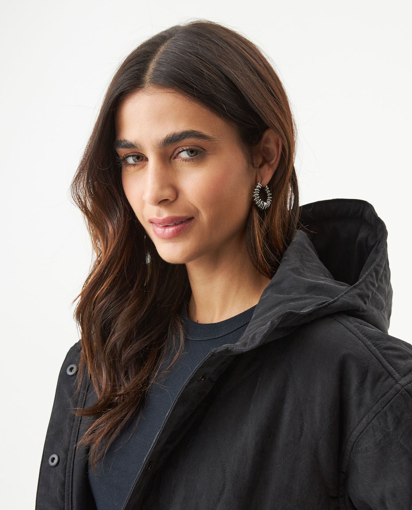 Women's Vertical Wave Quilted Hooded Jacket in Polyester Blend, Heritage - 4
