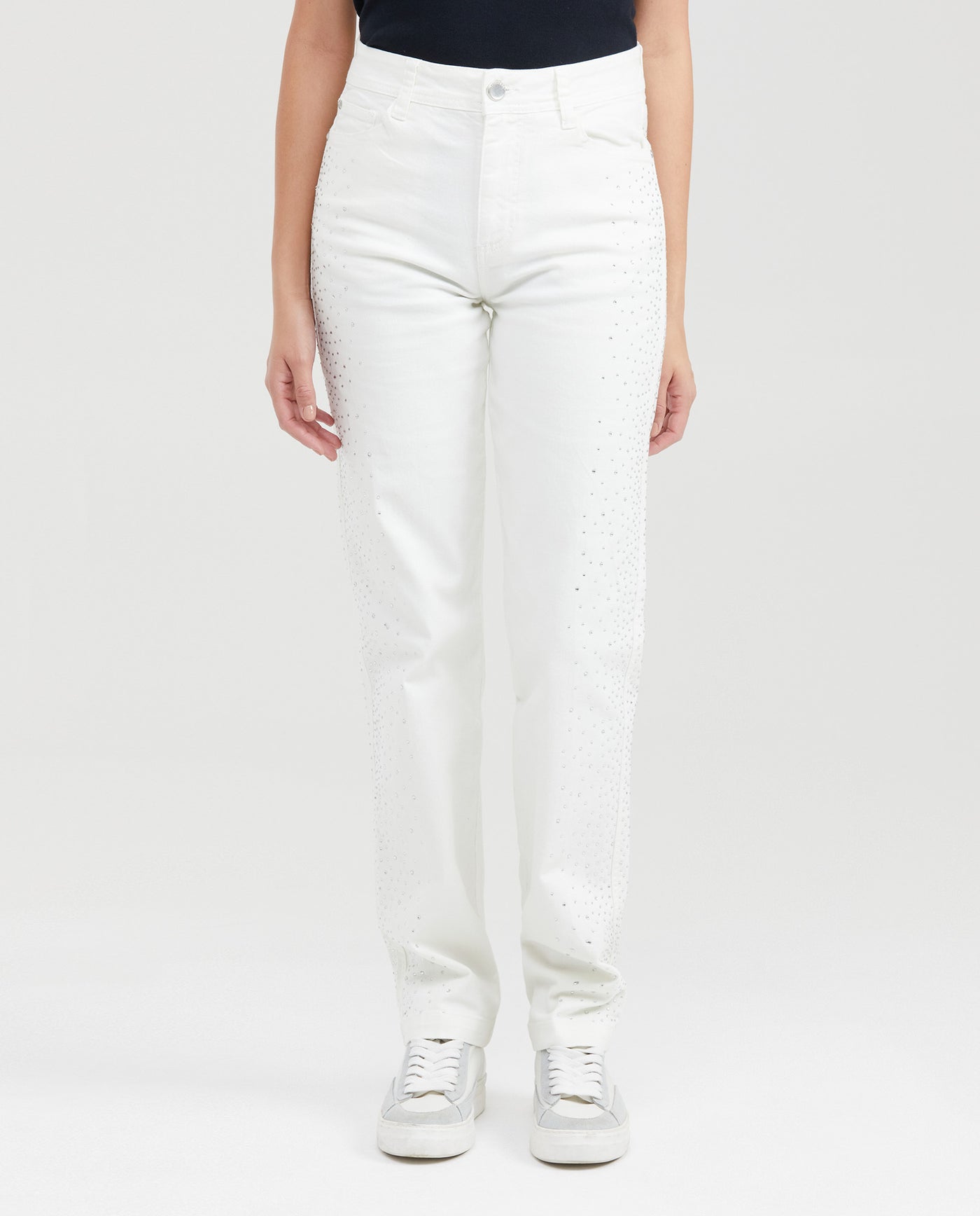 Women's High-Waisted Straight Leg Pants with Cascading Stone Details in Cotton-Elastane - 1