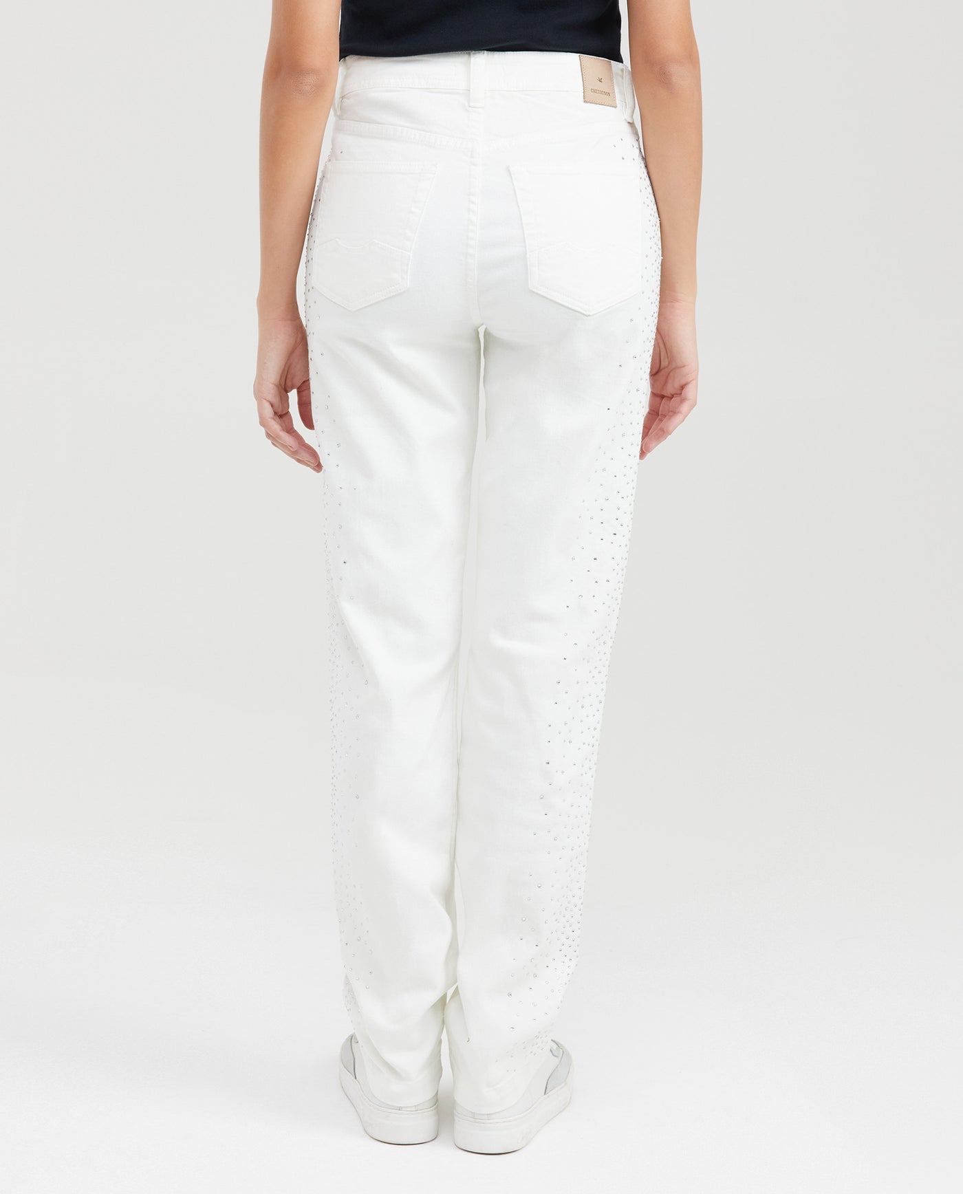 Women's High-Waisted Straight Leg Pants with Cascading Stone Details in Cotton-Elastane - 6