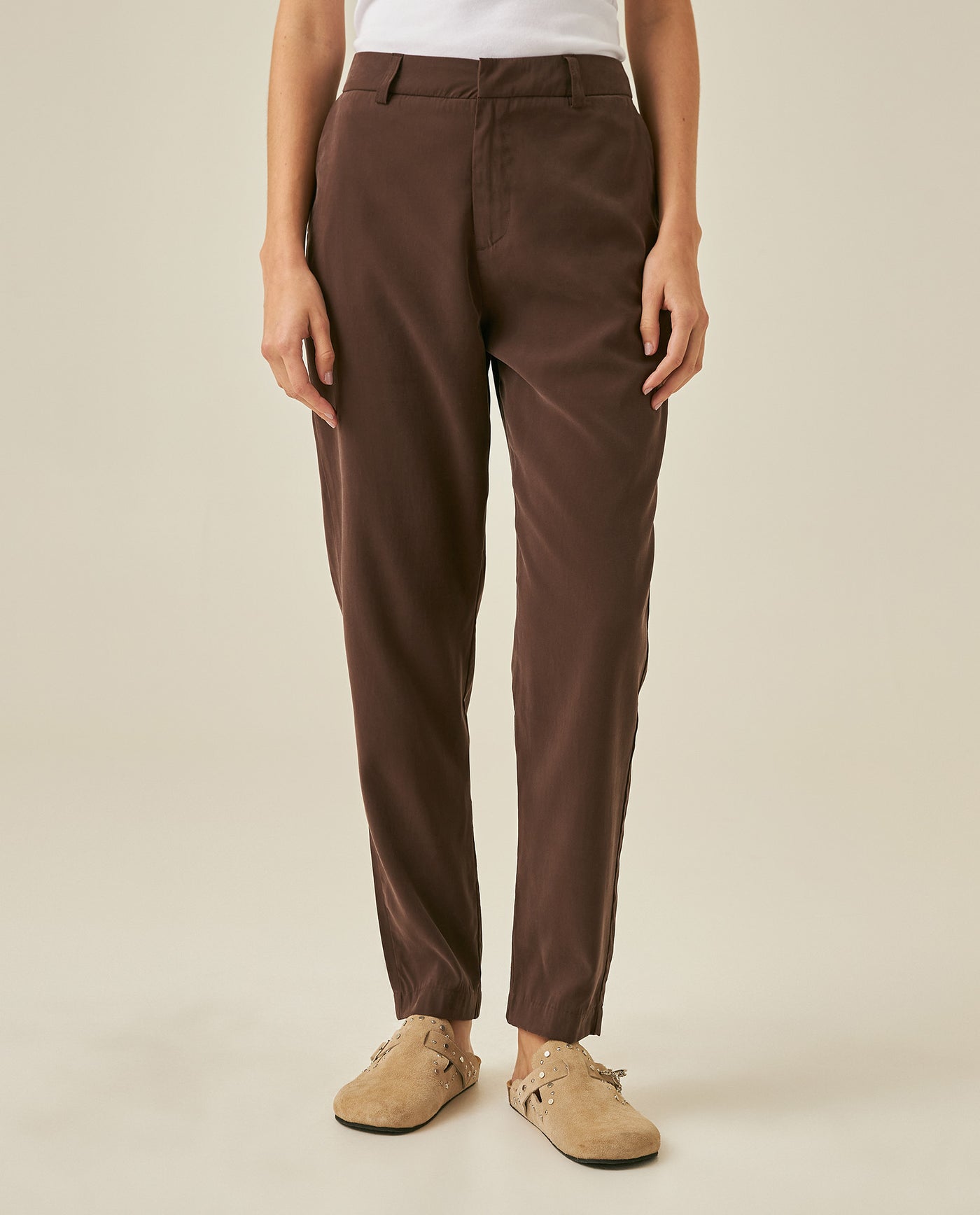 Womens Pants Essential Straight Silhouette Rayon Blend High Rise - Brown 63_731H000_CAF191016_0
