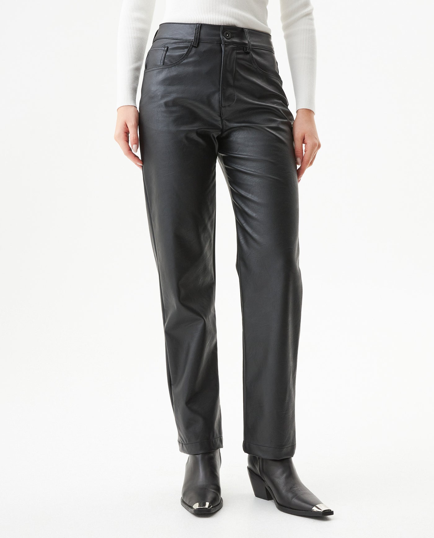 Women's Matte Leather Effect Straight Fit High Rise Pants in Polyurethane-Polyester Blend, Nocturne - 2